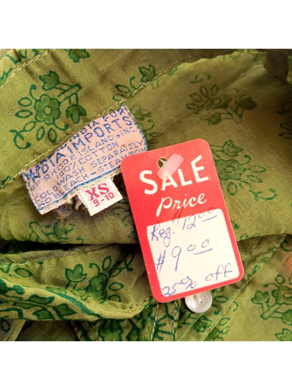 True Vintage Blouse XS Hand-Block Printed Sheer Green Cotton Button-Up Shirt Ind